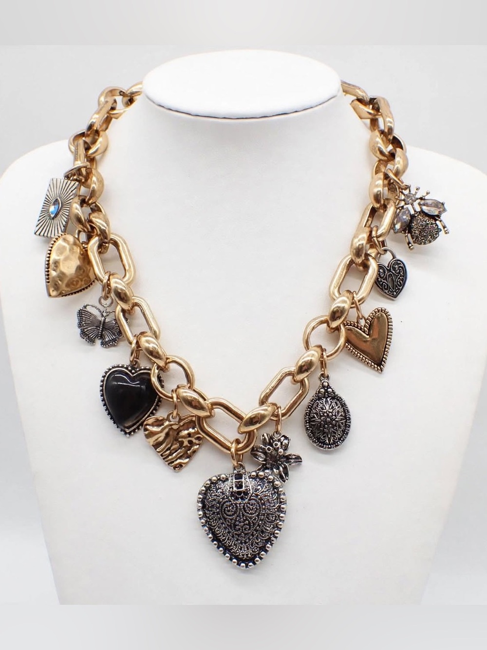 ZARA NWT Gold Multi Charm Statement Necklace Heart Bee Butterfly